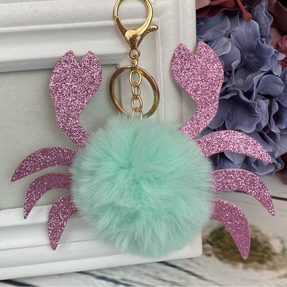 Blue Crab Pom Pom with Pink Glitter Claws Keychain Charm - Picture 4 of 12